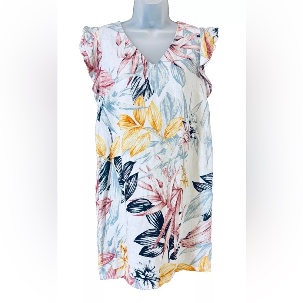 C & C California Women's Size S 100% Linen Dress Ruffle Sleeve Tropical Print
